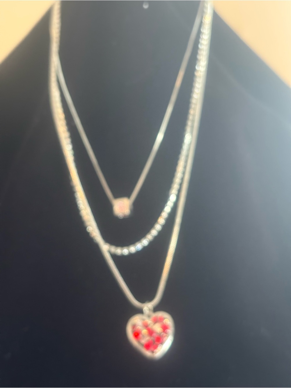 Layered Silver Necklace with Red Heart Pendant and red and pink cube